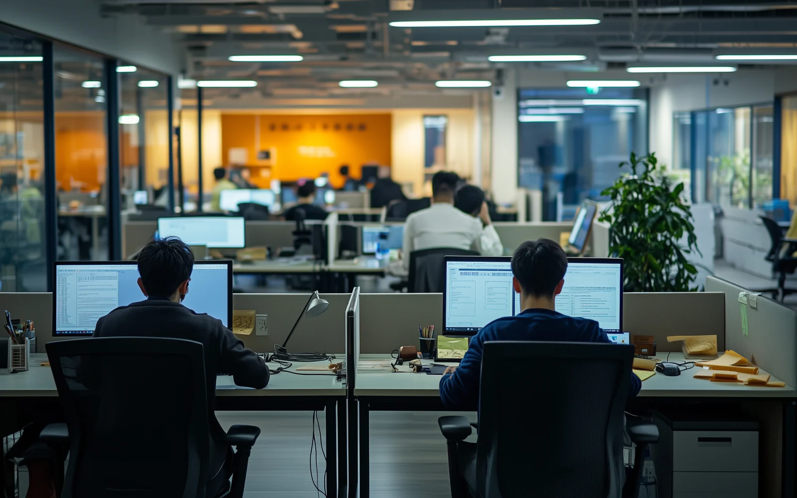 An open-plan office of engineers at their workstations