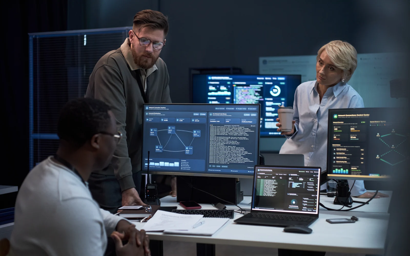 Three engineers working through an incident at a desk of screens