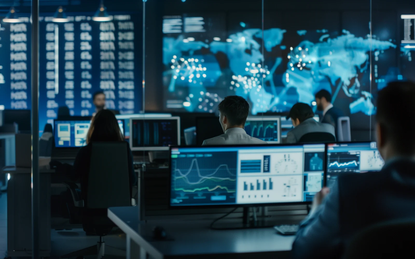 Engineers at work in a monitoring room, a world map on the wall display