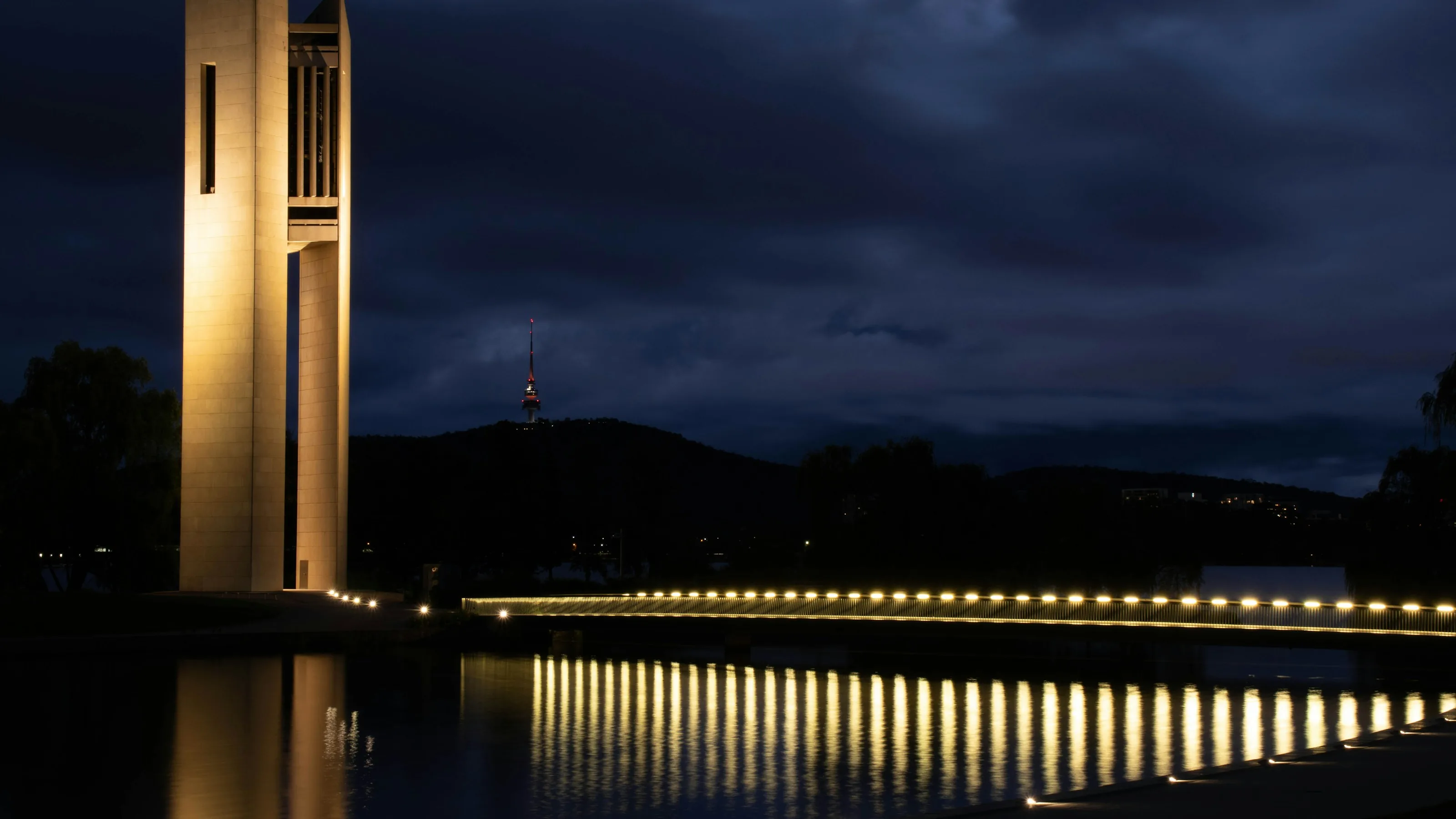 The National Carillon on Lake Burley Griffin, Canberra, lit at night